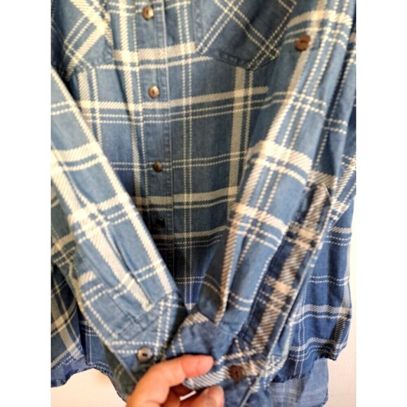 intro. Woman 1X Blue Plaid Button Tab Long Sleeve Button Up Shirt Pockets - Picture 6 of 8